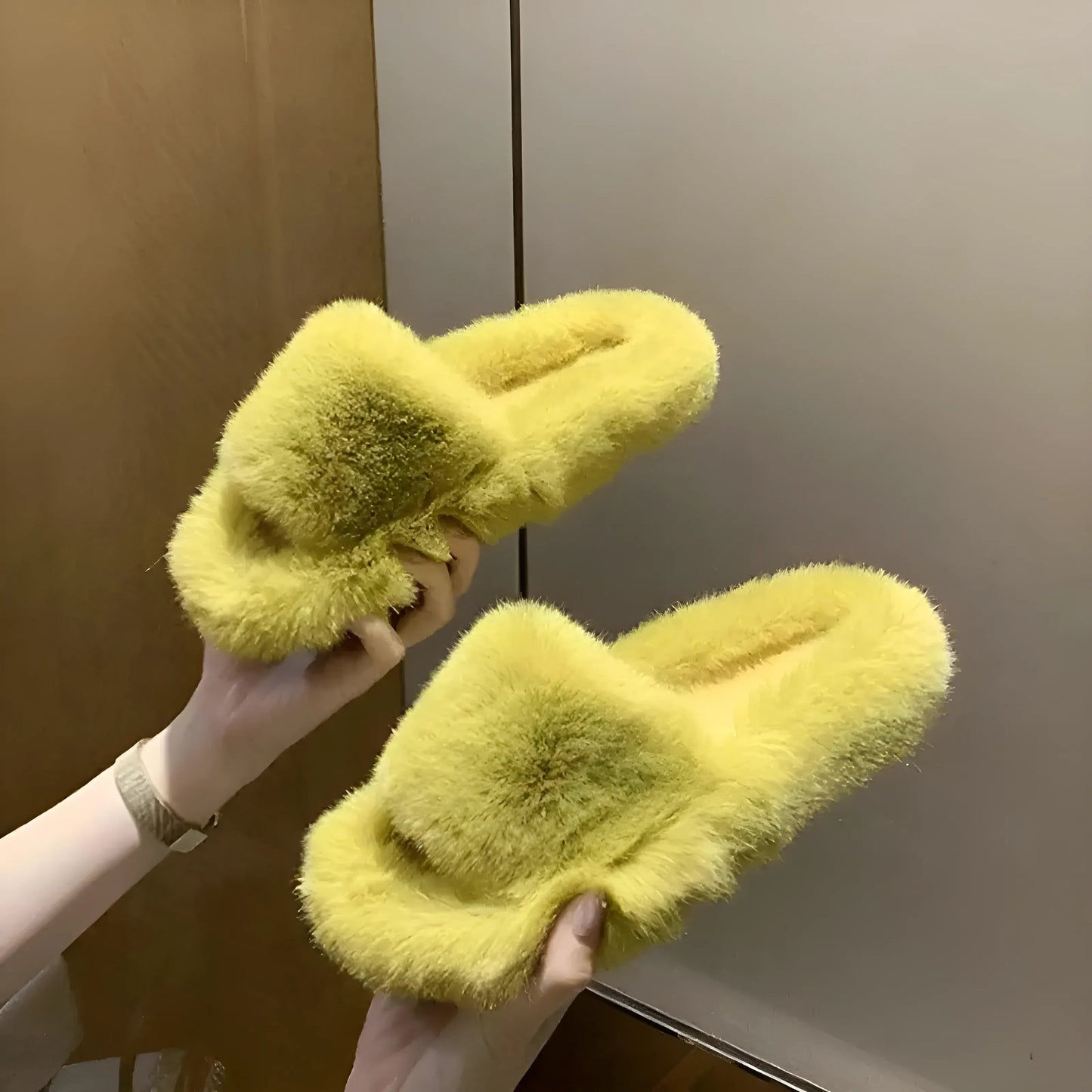 Yellow Classic Women's Slippers with Fur Lining