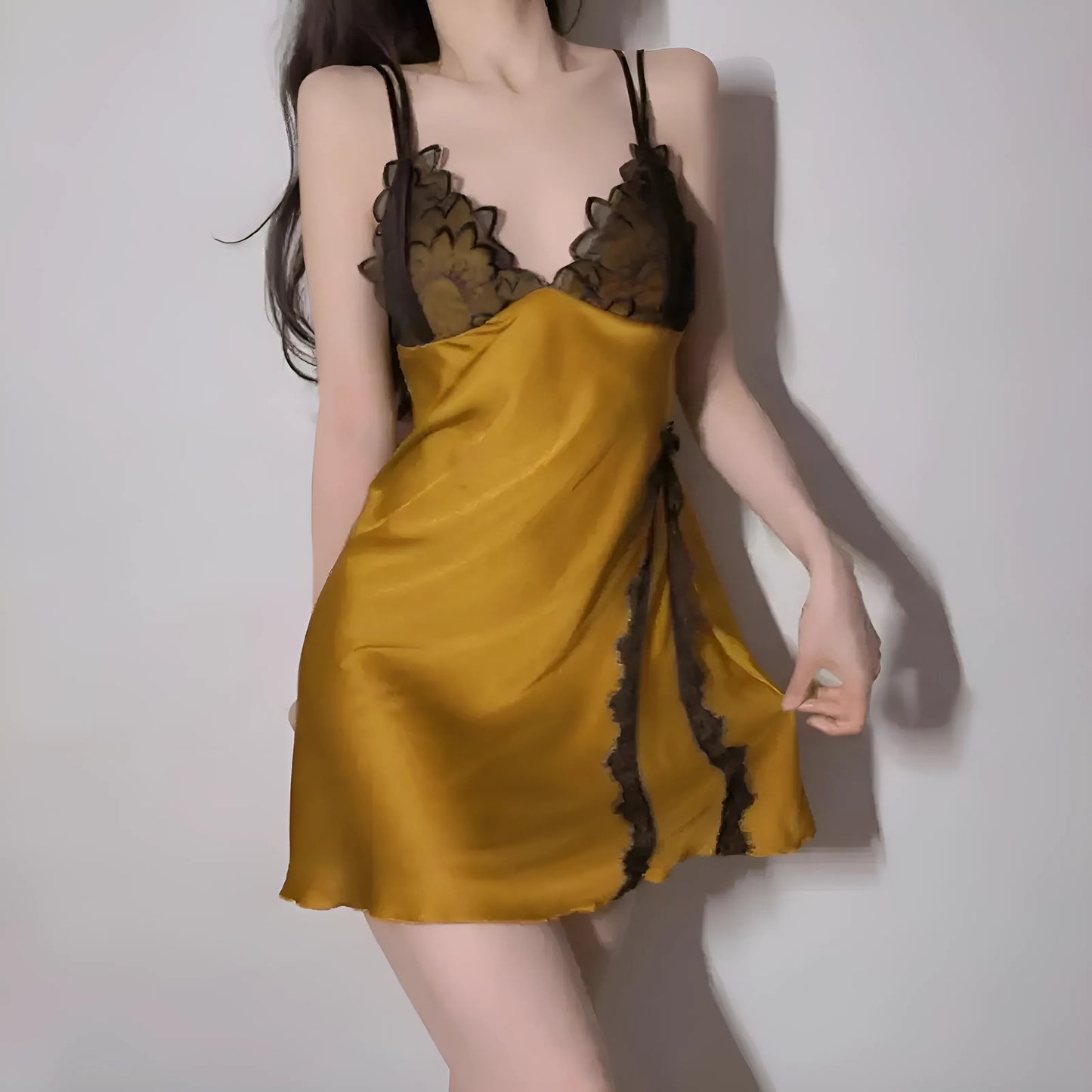 Yellow Lace Trim Nightdress with Slit