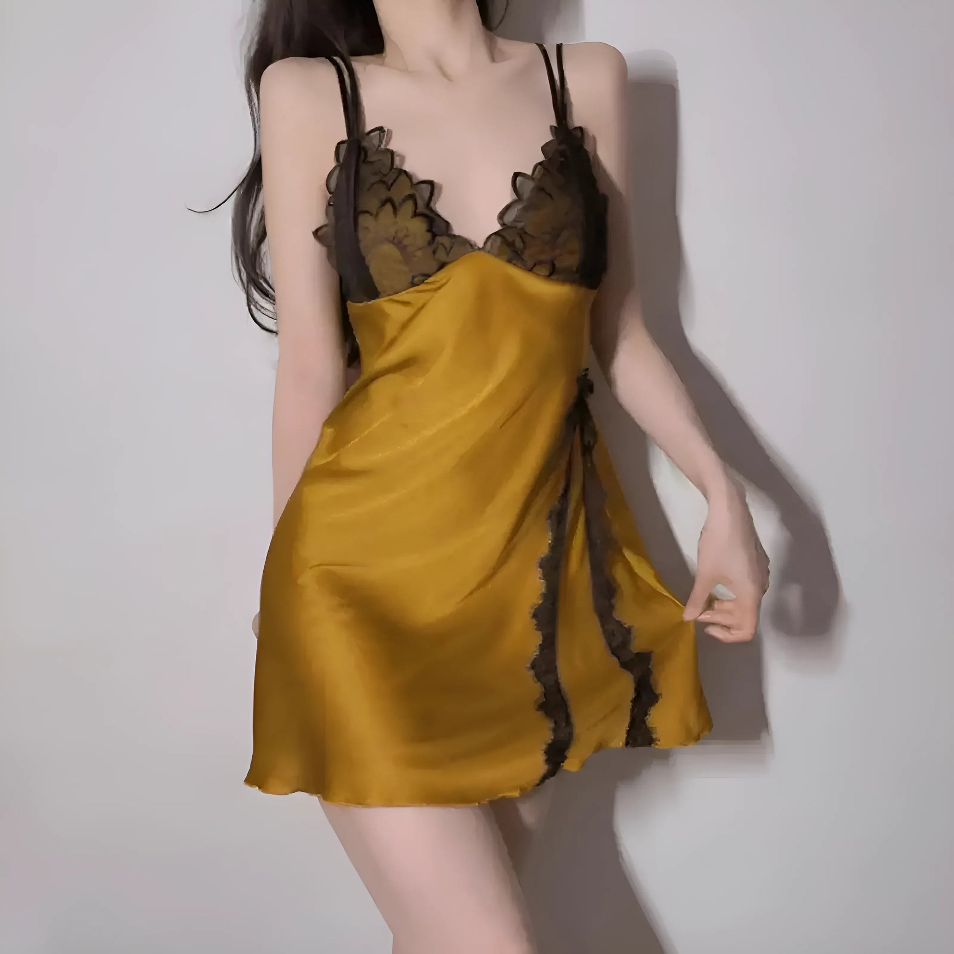 Yellow Lace Trim Nightdress with Slit