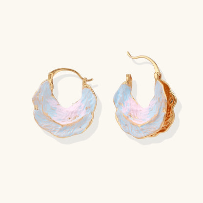 18K gold plated hoop earrings with iridescent enamel coating in blue and pink tones, organic shell-like design
