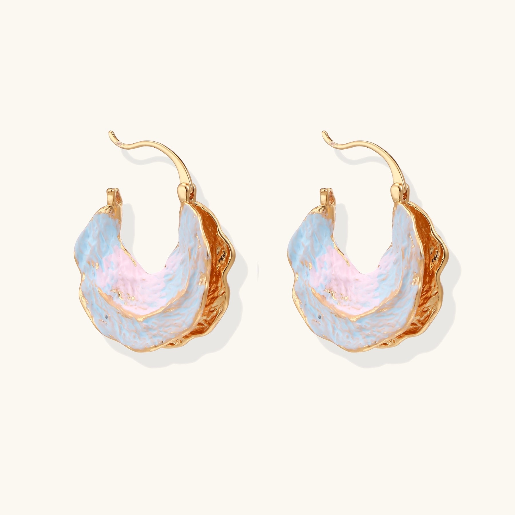 18K gold plated hoop earrings with iridescent enamel coating in blue and pink tones, organic shell-like design