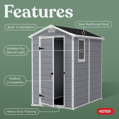 Keter Manor 4×6 Resin Outdoor Storage Shed Kit-Perfect to Store Patio Furniture, Garden Tools Bike Accessories, Beach Chairs and Lawn Mower, Grey & White