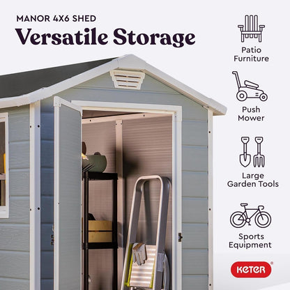 Keter Manor 4×6 Resin Outdoor Storage Shed Kit-Perfect to Store Patio Furniture, Garden Tools Bike Accessories, Beach Chairs and Lawn Mower, Grey & White