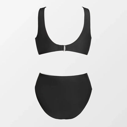 Plus size two-piece swimsuit with high-waisted bottoms.