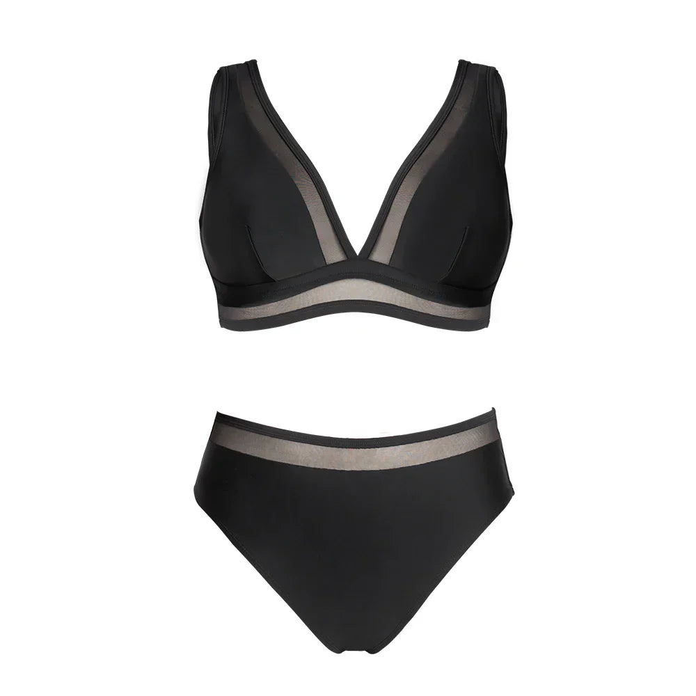 Plus size two-piece swimsuit with high-waisted bottoms.