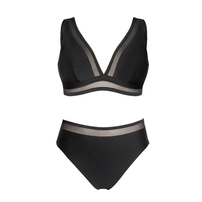 Plus size two-piece swimsuit with high-waisted bottoms.
