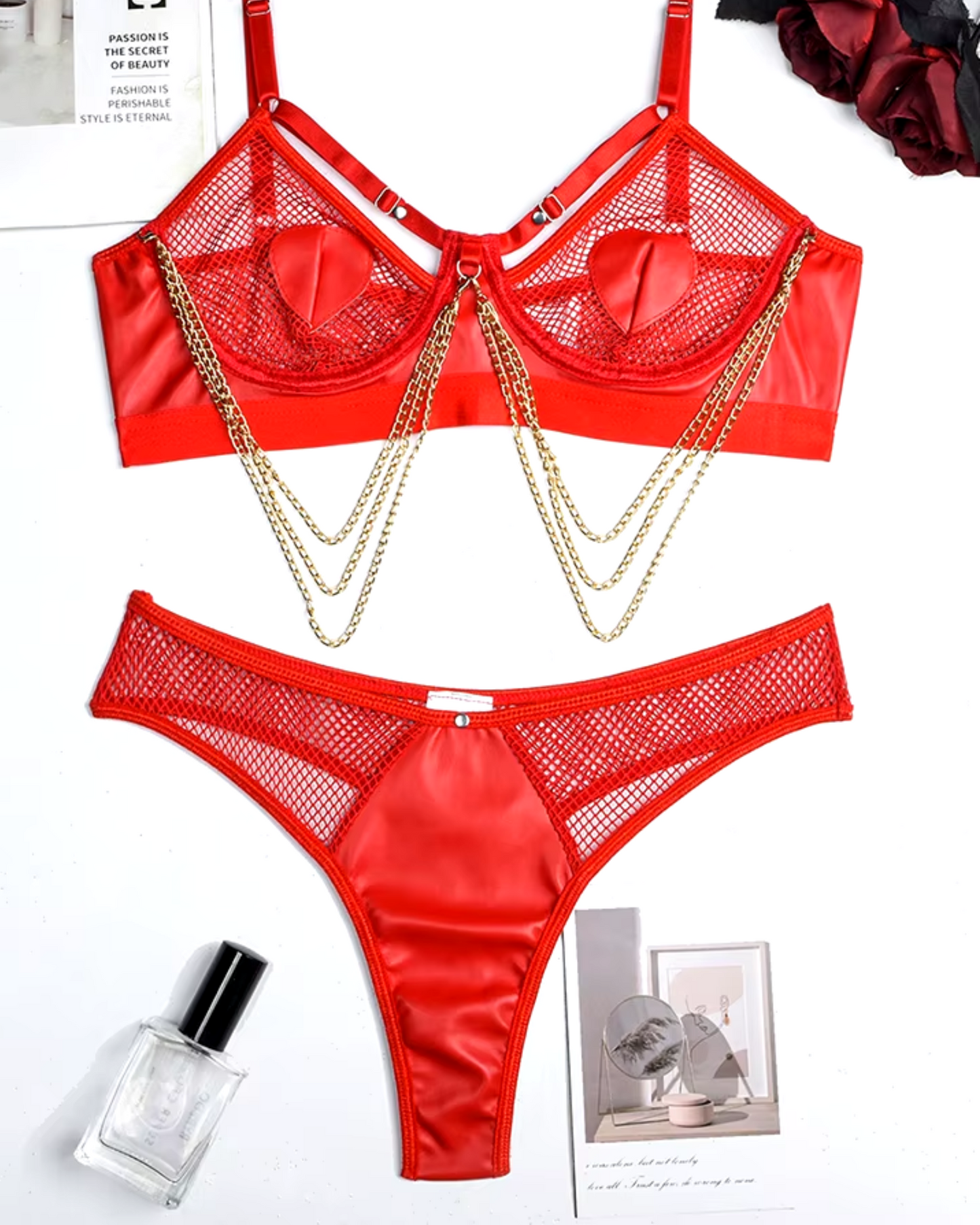 Lingerie set with mesh bra and chains