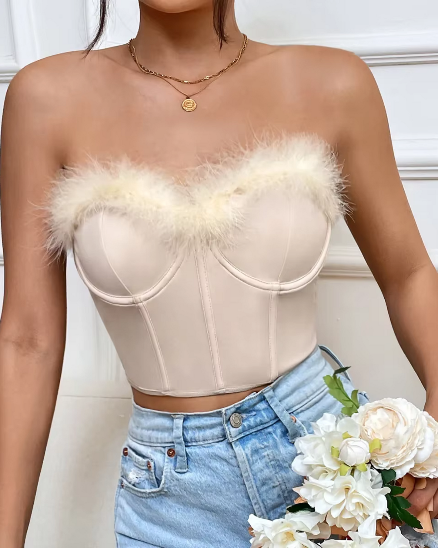 Faux fur trimmed bra