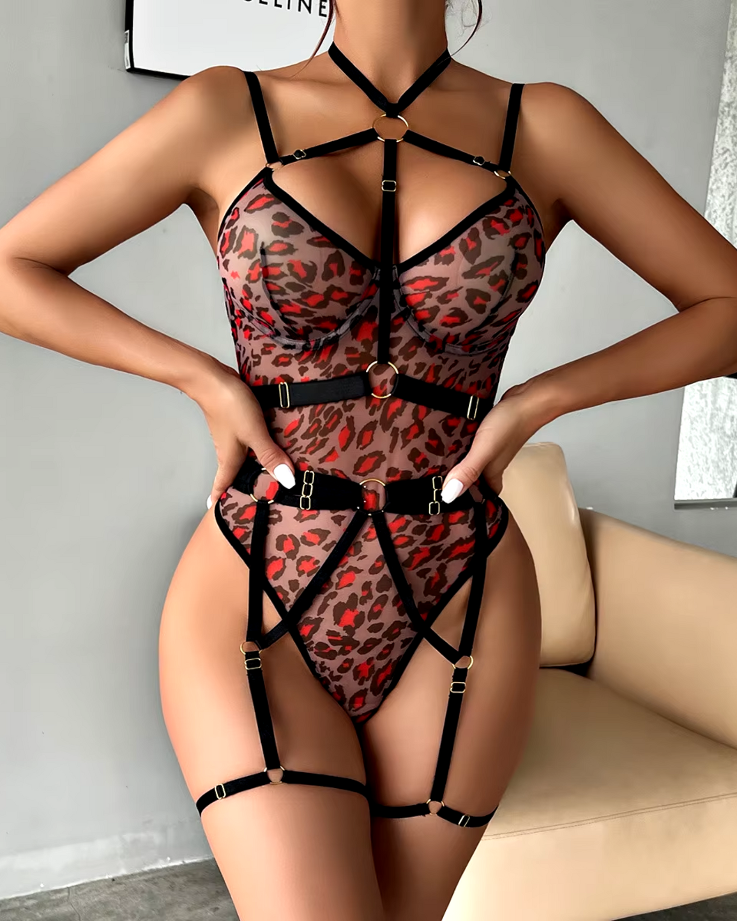 Sheer bodysuit with thigh straps