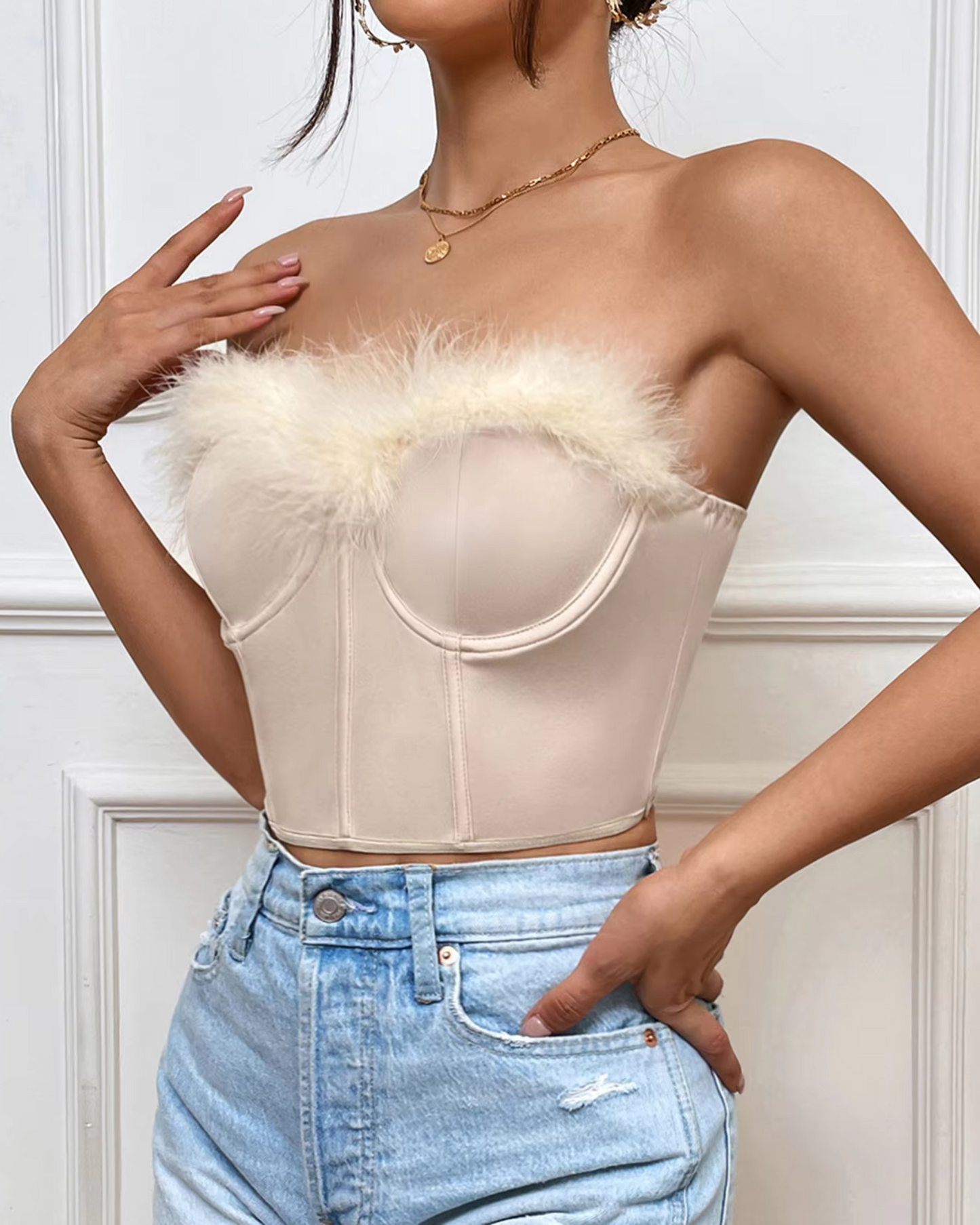 Faux fur trimmed bra