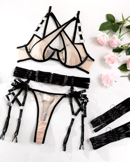 Mesh lingerie set with metallic accents