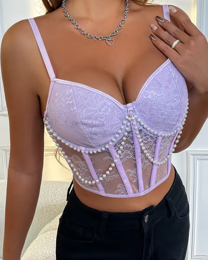 Bra with decorative pearl chain