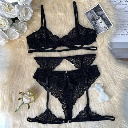 Lace lingerie set with adjustable features.