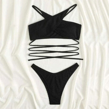 Two-piece swimsuit with a tie at the waist