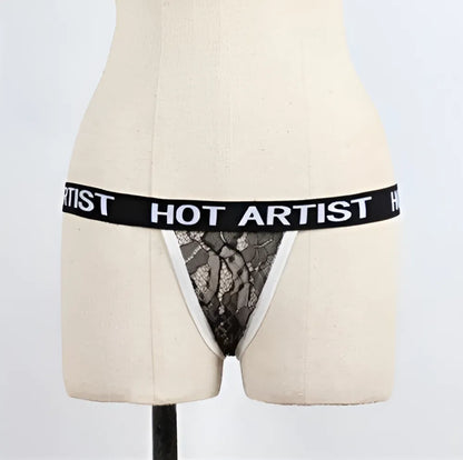 Lace String Briefs with "Hot Artist" Print