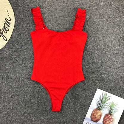 One-piece swimsuit with frills on the straps.