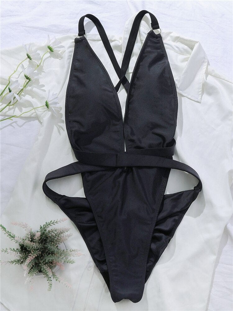 One-piece swimsuit with a deep neckline