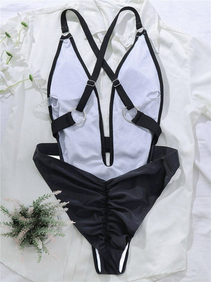 One-piece swimsuit with a deep neckline