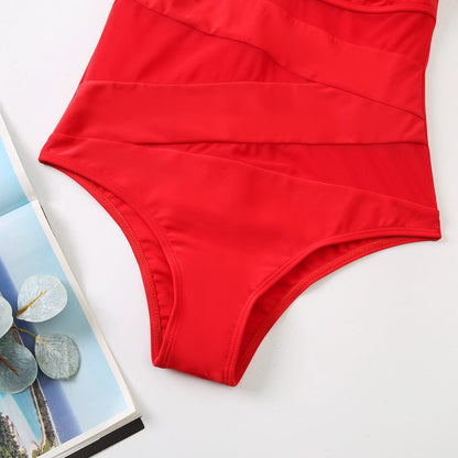 One-piece swimsuit with mesh.