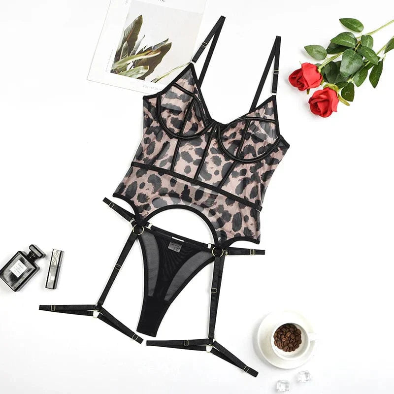 Lingerie set with a corset combined with a suspender belt.