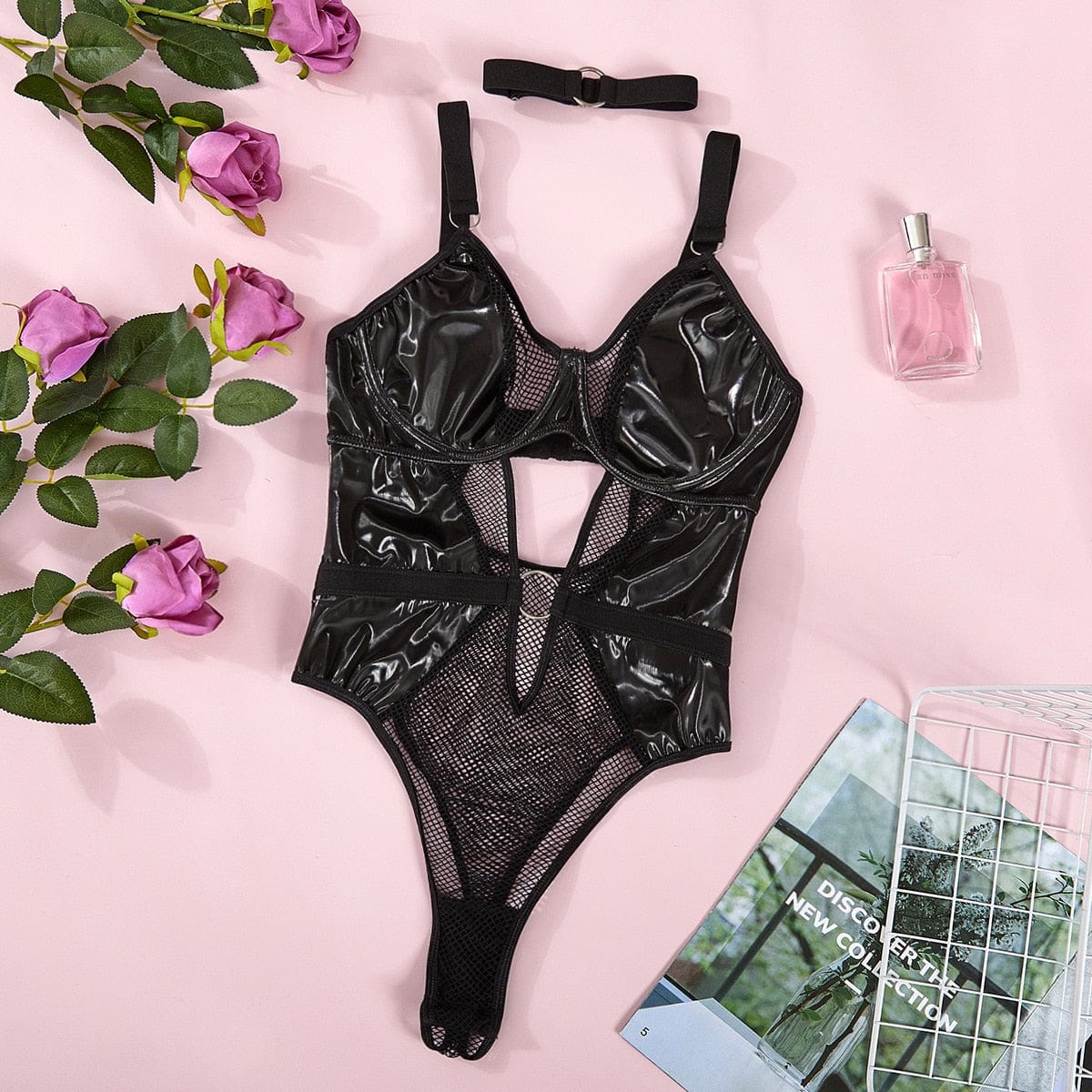 Mesh bodysuit with choker.
