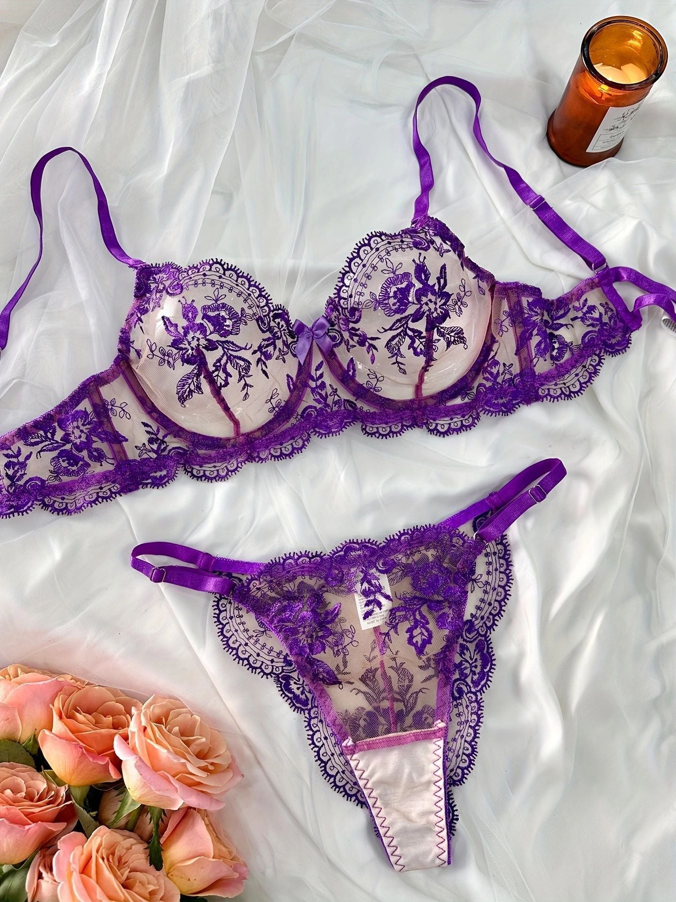 Sensual lingerie set with sheer floral embroidery