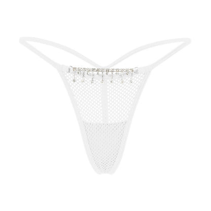 Mesh string thong with decorative chain of zirconia.