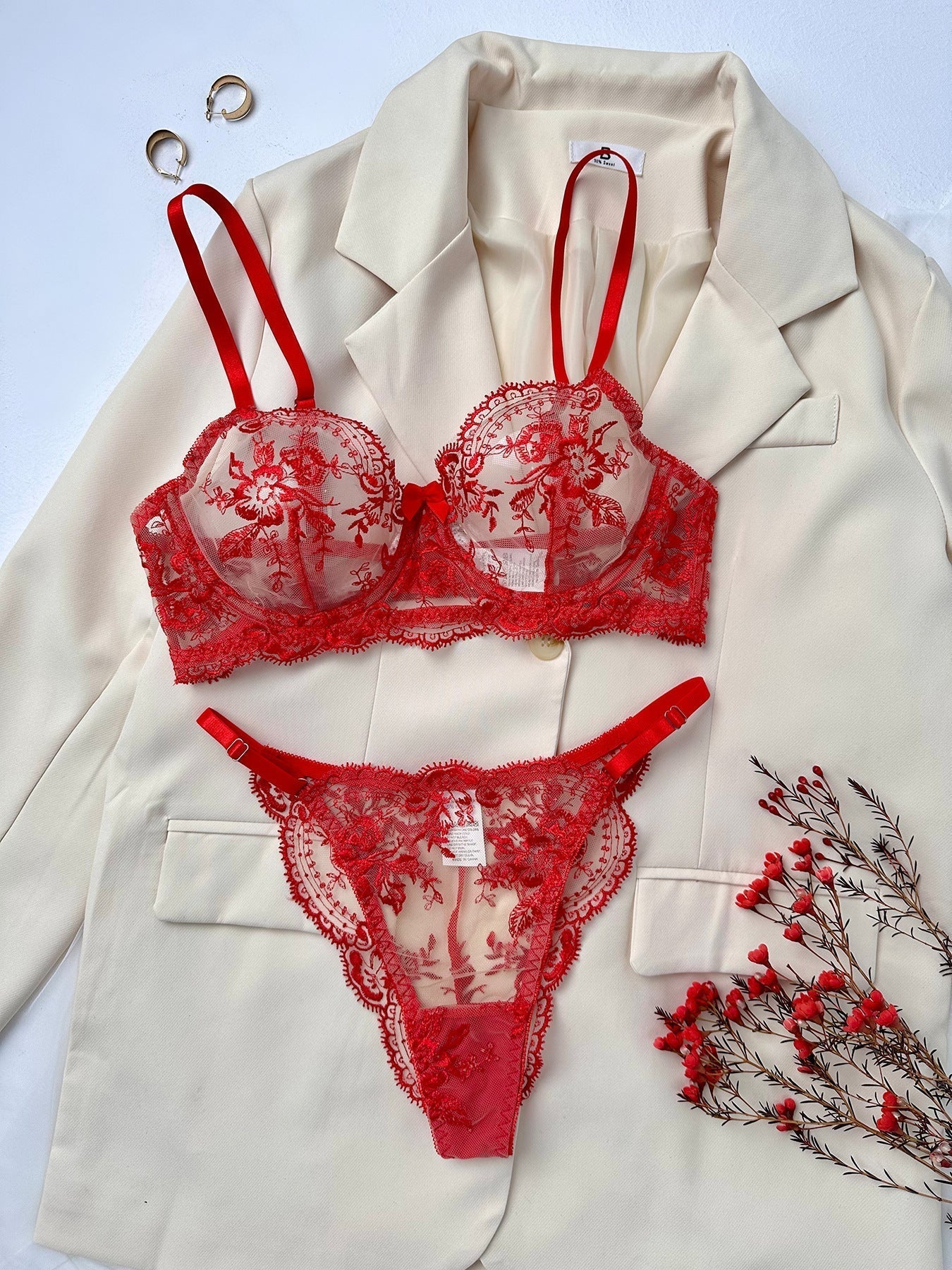 Sensual lingerie set with sheer floral embroidery