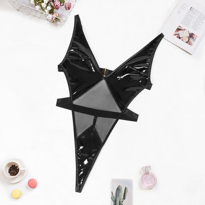 Latex bodysuit with mesh material on the stomach.