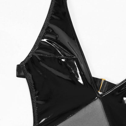 Latex bodysuit with mesh material on the stomach.