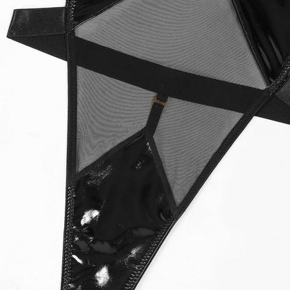 Latex bodysuit with mesh material on the stomach.