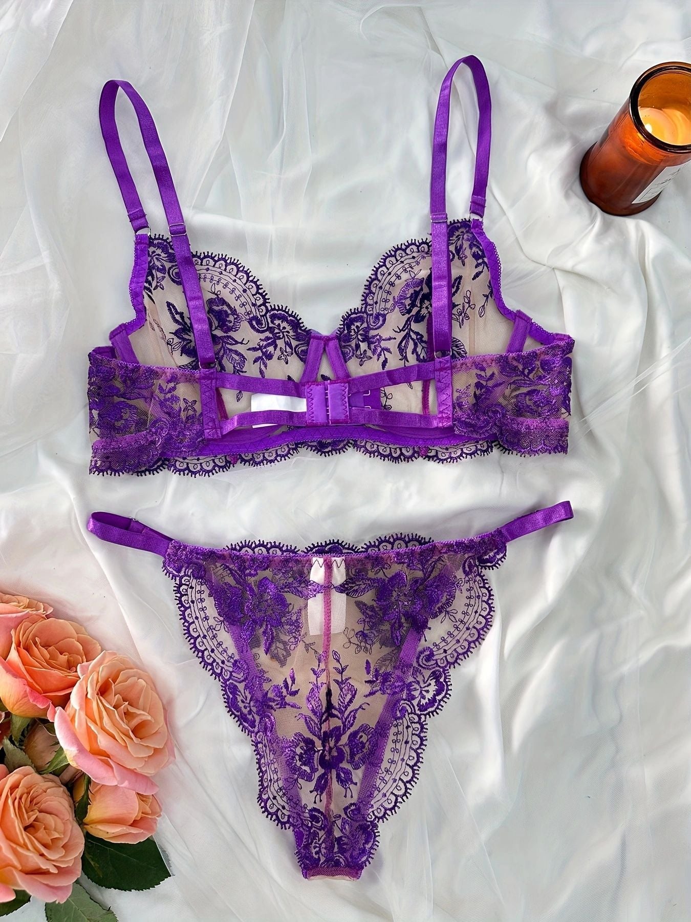 Sensual lingerie set with sheer floral embroidery