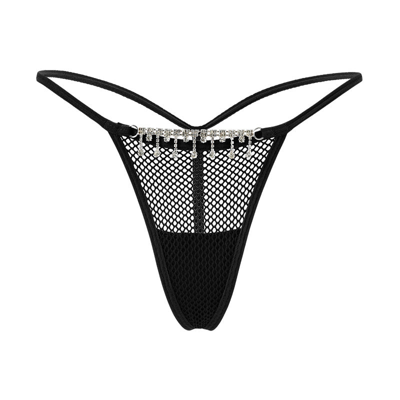 Mesh string thong with decorative chain of zirconia.