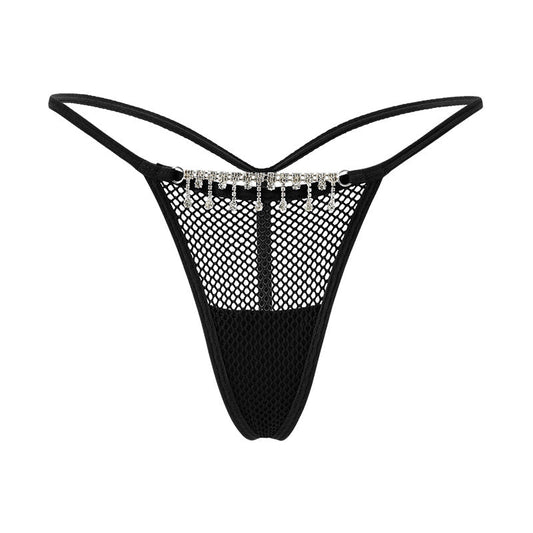 Mesh string thong with decorative chain of zirconia.
