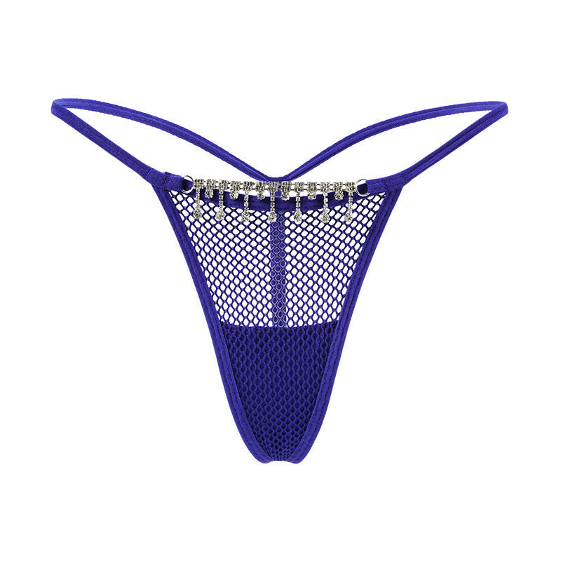 Mesh string thong with decorative chain of zirconia.