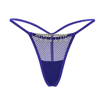 Mesh string thong with decorative chain of zirconia.