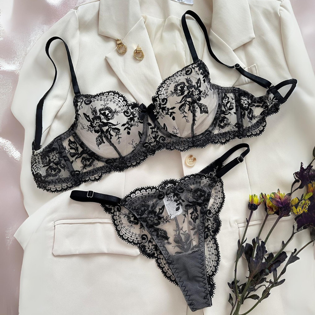 Sensual lingerie set with sheer floral embroidery