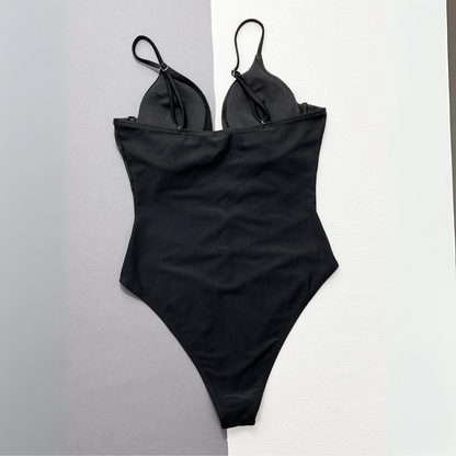 One-piece swimsuit with a deep V-neckline