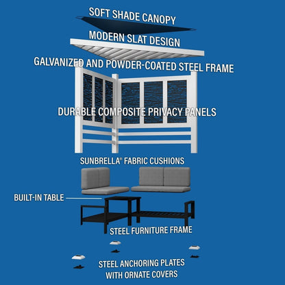 Ridgedale Modern Steel Cabana Pergola with Conversational Seating