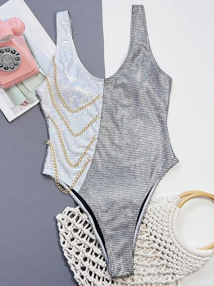 One-piece swimsuit with decorative chains