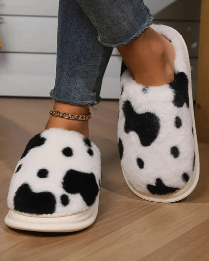 Fluffy Cow Print Slippers