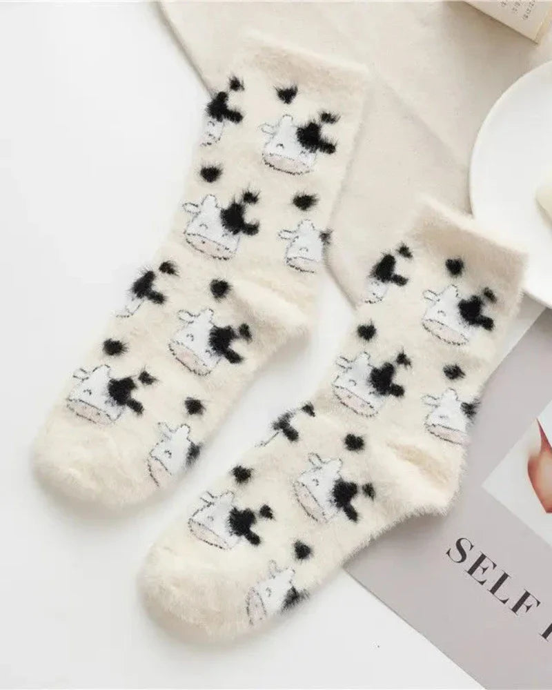 Long patterned fluffy cow socks