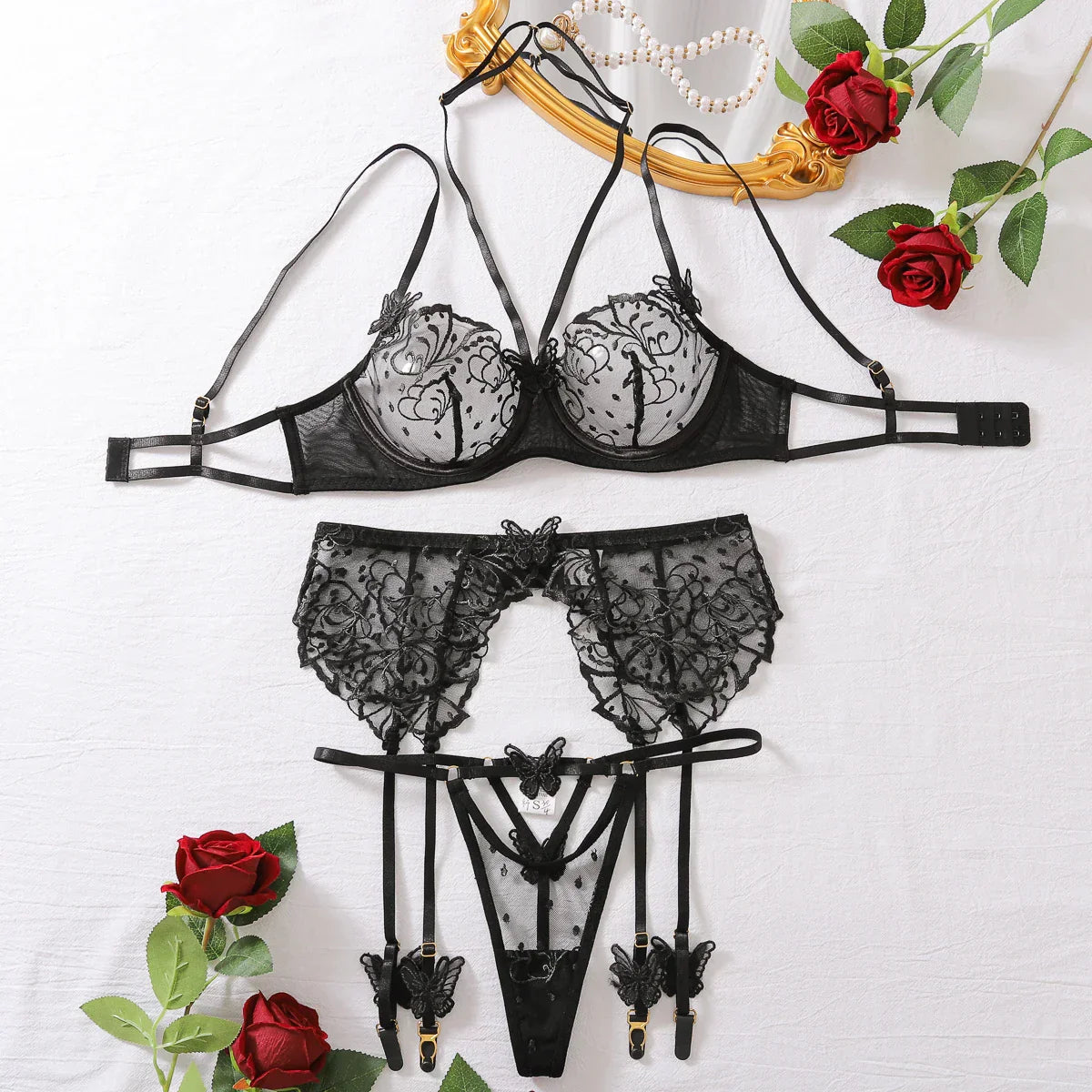 Lingerie set with sheer lace material