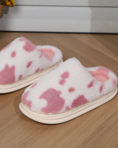 Fluffy Cow Print Slippers