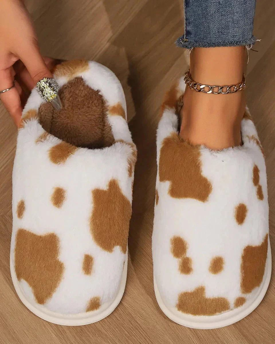 Fluffy Cow Print Slippers