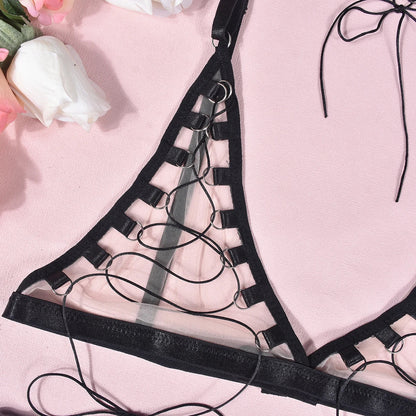 A set of lingerie made from sheer mesh material.