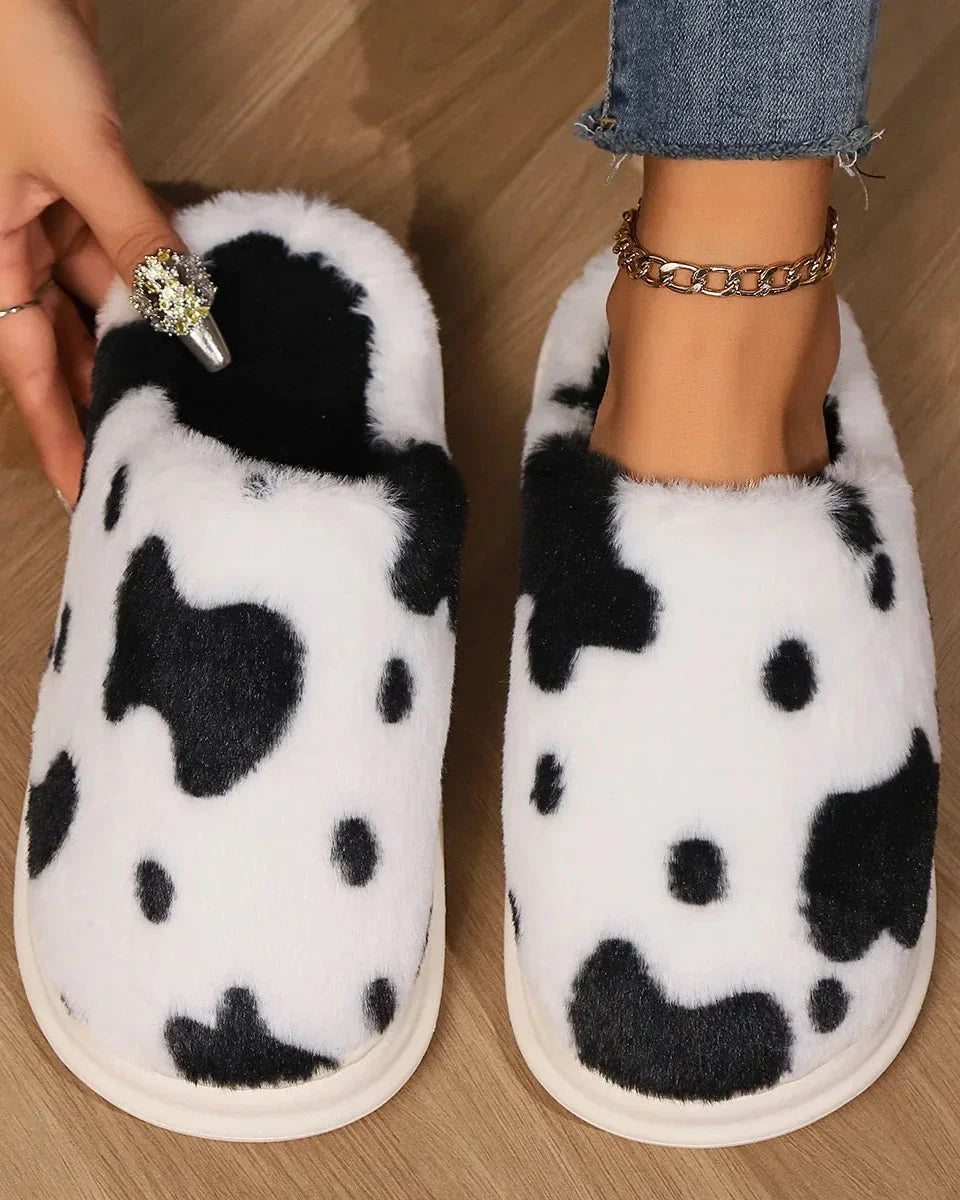 Fluffy Cow Print Slippers