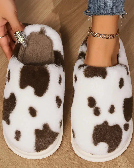 Fluffy Cow Print Slippers