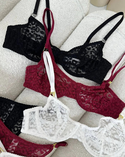 A set of lingerie in a leopard print design with adjustable straps.