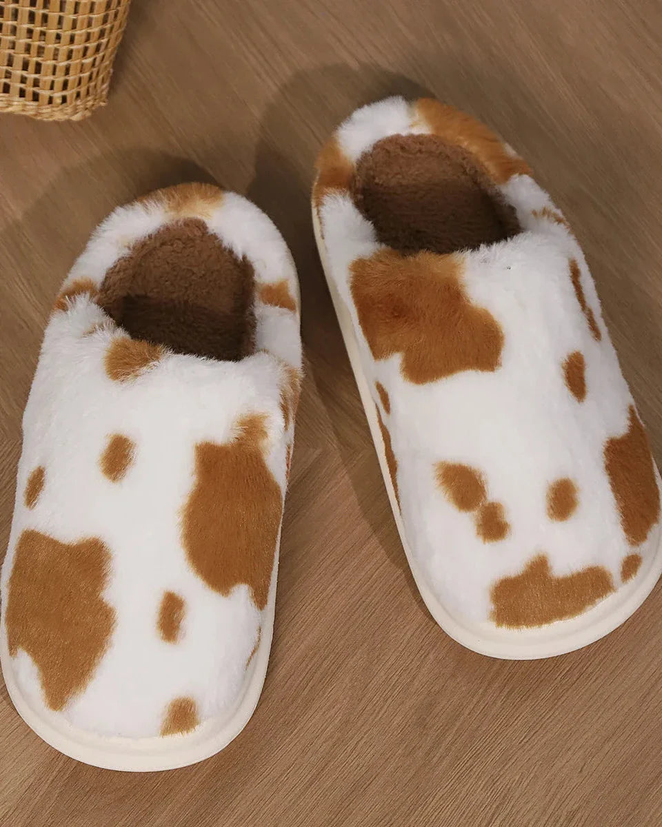 Fluffy Cow Print Slippers